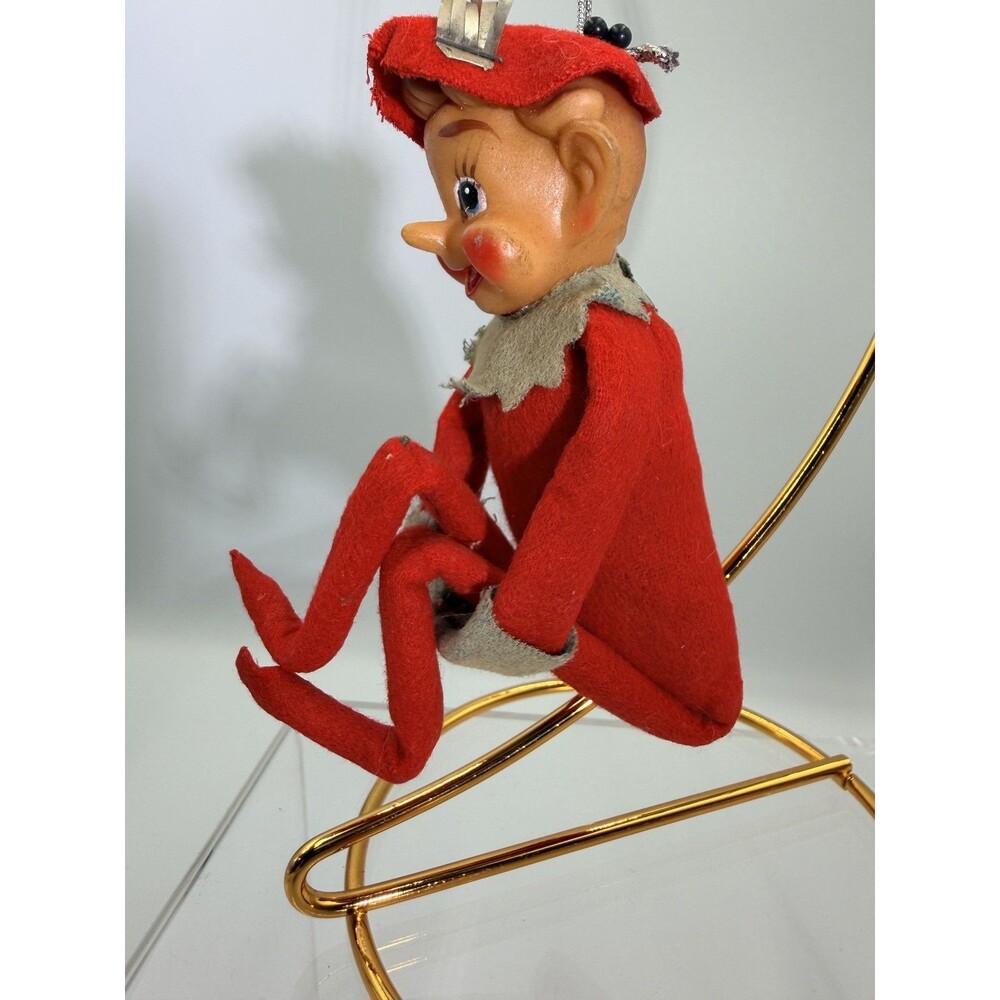 Vintage Christmas Elf Ornament Knee Hugger Red Felt Poseable Pixie Retro - Picture 8 of 13